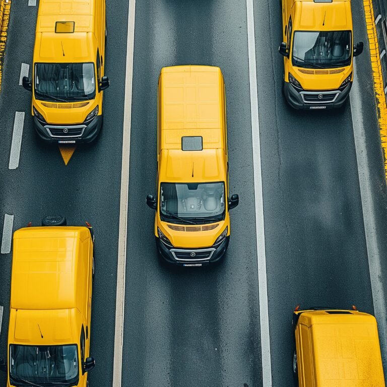 Top view of a row of moving trucks with delivery vans in yellow and white traveling at various speeds